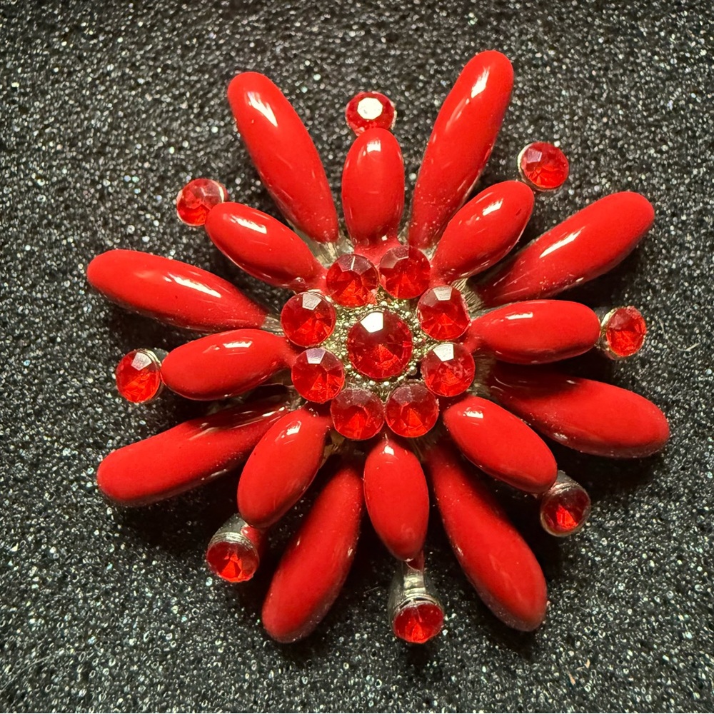Red Aster Enamel and Rhinestone Brooch